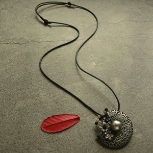 Vintage artsy bright diamond new pearl flower brooch long necklace